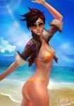  arm_up artist_name ass bangs beach bikini bikini_under_clothes blue_sky bomber_jacket breasts brown_eyes brown_hair brown_jacket cloud cloudy_sky collarbone day ear_piercing freckles highres jacket light_rays lips lipstick makeup md5_mismatch medium_breasts ocean orange_bikini outdoors overwatch piercing short_hair sky sleeves_rolled_up smile solo spiked_hair sunglasses swimsuit thong_bikini tracer_(overwatch) union_jack water waves 