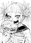  4shi bags_under_eyes bangs blunt_bangs blush boku_no_hero_academia cardigan commentary cup dirty_clothes disposable_cup double_bun eating fangs fingernails flying_sweatdrops food greyscale hamburger highres holding jpeg_artifacts looking_to_the_side messy_hair monochrome open_mouth saliva school_uniform serafuku sharp_teeth short_hair signature simple_background smile solo teeth toga_himiko white_background 