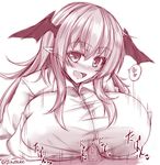  :d blush breast_hold breast_lift breasts commentary_request demon_girl demon_wings ginzake_(mizuumi) head_wings heart huge_breasts koakuma lifted_by_self long_hair long_sleeves looking_at_viewer monochrome motion_lines nose_blush open_mouth paizuri paizuri_under_clothes penis pointy_ears shirt sidelocks smile solo_focus spoken_heart touhou twitter_username upper_body white_shirt wings 