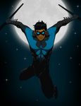  1boy batman_(series) black_hair bodysuit dc_comics dick_grayson domino_mask dual_wielding escrima_stick full_moon gauntlets gloves glowing_eyes male_focus mask moon night nightwing solo star_(sky) 