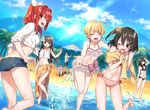  5girls :d ;d ^_^ ahoge arm_up ass bad_id bad_twitter_id bangs bare_legs barefoot beach beach_umbrella bikini black_bikini black_eyes black_hair blonde_hair blue_sky blush bow bow_bikini breasts brown_hair character_request closed_eyes cloud collarbone contrapposto covering covering_breasts crossed_arms day denim denim_shorts embarrassed eyebrows eyebrows_visible_through_hair flower frilled_bikini frills from_behind groin hair_between_eyes hair_flower hair_ornament hair_over_shoulder hair_ribbon hairclip halter_top halterneck happy imminent_hug jewelry large_bow lens_flare long_hair looking_back male_swimwear multiple_boys multiple_girls navel necklace official_art one_eye_closed one_side_up open_clothes open_mouth open_shirt outdoors outstretched_arms palm_tree pink_bikini pink_bow red_eyes red_hair ribbon sand sarong senritsu_no_majutsushi_to_goteijuu shiny shiny_hair shirako_miso shirt shore short_hair short_shorts shorts side-tie_bikini sitting sky small_breasts smile splashing standing standing_on_one_leg summer sunlight swim_trunks swimsuit swimwear teeth tied_shirt tree umbrella wading water wet white_bikini white_flower white_ribbon white_shirt 