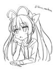  amakusa_tobari antenna_hair bangs blush elbow_rest eyebrows eyebrows_visible_through_hair greyscale hair_ribbon hand_on_own_face holding holding_pencil long_hair long_sleeves looking_away miyauchi_renge monochrome non_non_biyori open_mouth pencil ribbon simple_background sketch solo twintails twitter_username upper_body 