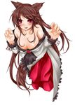  animal_ears bare_shoulders blush breasts brooch brown_hair cleavage collarbone dress fingernails imaizumi_kagerou jewelry kizaki_aoi large_breasts long_sleeves looking_at_viewer open_mouth red_eyes simple_background solo tail touhou white_background wide_sleeves wolf_ears wolf_tail 