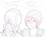  antiheld beanie blonde_hair blush commentary couple extra green_eyes hat omnic overwatch robot short_hair smiley_face solo 