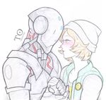  1girl antiheld beanie blonde_hair blush couple green_eyes hat highres holding_hands looking_at_another npc omnic overwatch robot short_hair smiley_face 