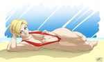  adventures_of_sonic_the_hedgehog archie_comics arm_support armpits barefoot beach blonde_hair blue_eyes breasts cleavage cloud day eric_toner eyebrows head_rest large_breasts looking_at_viewer lying madonna_garnet navel ocean on_side short_hair sky slingshot_swimsuit solo sonic_the_hedgehog strap_gap swimsuit toes toned water 