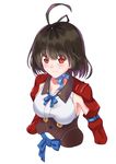  5plus absurdres ahoge black_hair breasts corset cowboy_shot highres koutetsujou_no_kabaneri medium_breasts mumei_(kabaneri) red_eyes ribbon short_hair sideboob smile solo white_background 