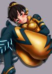  alternate_costume ass black_hair blush bodysuit boots breasts brown_eyes d.va_(overwatch) fetal_position glowing grey_background hair_bun hair_up headphones highres junebug_d.va knee_boots legs_up looking_at_viewer lying medium_breasts on_side orange_bodysuit overwatch qzik shadow shiny shiny_clothes simple_background skin_tight solo 