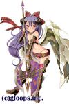  armor belt boots bow fingerless_gloves flat_chest gloves halberd horns long_hair magia_break miyamae_porin polearm purple_hair red_bow red_eyes smile solo thigh_boots thighhighs weapon wings 