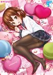  black_legwear brown_eyes brown_hair candy circle_name commentary_request eyebrows eyebrows_visible_through_hair fang feet food food_themed_ornament from_side hair_ornament hairclip heart heart_pillow ikazuchi_(kantai_collection) jar kantai_collection kisaragi_miyu lollipop looking_at_viewer lying macaron no_shoes on_side open_mouth panties panties_under_pantyhose pantyhose pillow pleated_skirt quilt school_uniform serafuku short_hair skirt smile solo swirl_lollipop twitter_username underwear 