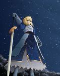  ahoge armor artoria_pendragon_(all) blonde_hair dress excalibur fate/stay_night fate_(series) highres juliet_sleeves long_sleeves planted_sword planted_weapon puffy_sleeves saber shooting_star solo star_(sky) sword vyuxx weapon 