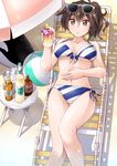  :&lt; alcohol alternate_costume ball beach_umbrella bikini breasts brown_eyes brown_hair chair cocktail drink eyewear_on_head flower glasses highres kaga_(kantai_collection) kantai_collection large_breasts long_hair lounge_chair lying navel on_back pineapple_slice ponytail solo striped striped_bikini sunglasses swimsuit umbrella yukiharu 