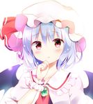  bat_wings blue_hair blush eyebrows_visible_through_hair face hat hat_ribbon highres hyurasan looking_at_viewer mob_cap open_mouth portrait puffy_sleeves red_eyes remilia_scarlet ribbon short_hair short_sleeves simple_background solo touhou white_background wings wrist_cuffs 