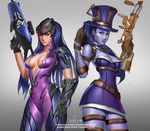  badcompzero belt blue_eyes blue_hair bodysuit breasts caitlyn_(league_of_legends) caitlyn_(league_of_legends)_(cosplay) choker cleavage cosplay costume_switch grey_background gun hat head_mounted_display hips large_breasts league_of_legends lips looking_at_viewer medium_breasts multiple_girls overwatch parted_lips pink_bodysuit ponytail purple_skin rifle skirt sniper_rifle thighs trait_connection weapon widowmaker_(overwatch) widowmaker_(overwatch)_(cosplay) yellow_eyes 