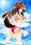  alternate_hairstyle animal_ears ass azumaya_toushirou back bikini blue_sky blush brown_hair cloud day dutch_angle from_behind hair_ribbon highres imaizumi_kagerou looking_at_viewer looking_back ocean open_mouth ponytail red_bikini red_eyes ribbon sky smile solo sun swimsuit tail touhou wading water wolf_ears wolf_tail 