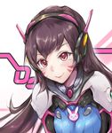  absurdres animal_print armor bangs blush bodysuit breasts brown_eyes brown_hair bunny_print character_name d.va_(overwatch) erementa eyelashes facepaint facial_mark headphones high_collar highres long_hair looking_at_viewer medium_breasts overwatch pauldrons pilot_suit pink_lips shoulder_pads solo turtleneck upper_body whisker_markings 