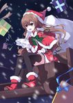  aisaka_taiga black_legwear boots box brown_hair capelet fang gift gift_box green_ribbon hat highres holding long_hair open_mouth red_footwear red_hat ribbon sack santa_boots santa_costume santa_hat snow solo thighhighs toradora! transistor 