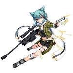  1girl 463_jun animal_ears anti-materiel_rifle aqua_eyes aqua_hair bag bangs belt belt_buckle belt_pouch black_gloves black_shorts boots breasts buckle cat_ears crop_top eyebrows eyebrows_visible_through_hair eyelashes finger_on_trigger fingerless_gloves firing full_body gloves green_jacket gun hair_between_eyes hair_ornament hairclip handgun highres holding holding_gun holding_weapon jacket kemonomimi_mode legs_apart looking_at_viewer midriff muzzle_flash navel open_clothes open_jacket outstretched_arm parted_lips pgm_hecate_ii pouch rifle scarf short_hair short_shorts shorts sidelocks simple_background sinon small_breasts sniper_rifle solo stomach sword_art_online thigh_strap trigger_discipline weapon white_background 