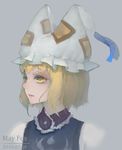  absurdres animal_ears blonde_hair dated face fox_ears grey_background hat highres lips looking_away mob_cap pillow_hat portrait short_hair simple_background solo tabard tassel touhou wu_yue_[vulpes] yakumo_ran yellow_eyes 