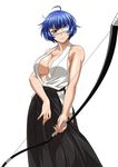  blue_hair bow_(weapon) breasts center_opening eyepatch green_eyes hakama holding ikkitousen japanese_clothes large_breasts medical_eyepatch mole mole_under_mouth ryomou_shimei short_hair simple_background smile solo weapon white_background 