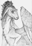  ambiguous_gender buckteeth dragon ear_piercing faellin fangs feathered_wings feathers feral fur greyscale head_tuft hybrid lagomorph mammal monochrome piercing rabbit sharp_teeth solo teeth wings 