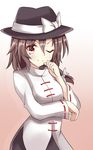  aki_chimaki bow brown_eyes brown_hair chinese_clothes hat hat_bow highres retrospective_53_minutes ribbon-trimmed_sleeves ribbon_trim short_hair smile solo touhou usami_renko white_bow 