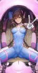  arm_behind_head bodysuit breasts brown_eyes brown_hair bubble_blowing chewing_gum covered_navel d.va_(overwatch) facial_mark gloves highres kim_eb long_hair medium_breasts overwatch sitting solo spread_legs v whisker_markings white_gloves 