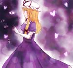  blonde_hair blush breasts bug butterfly choker dress elbow_gloves eyes from_side gap gloves glowing_butterfly hand_up hat hat_ribbon insect koto_(shiberia39) long_hair medium_breasts mob_cap profile puffy_short_sleeves puffy_sleeves purple purple_dress purple_eyes ribbon ribbon_choker short_sleeves smile solo touhou white_gloves yakumo_yukari 
