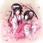  1boy 1girl alluka_zoldyck androgynous black_hair cherry_blossoms child chrysanthemum crossdressing drugstore04 from_behind hair_ornament hair_ribbon hunter_x_hunter japanese_clothes kalluto_zoldyck kimono long_hair looking_at_viewer open_mouth petals pink pink_eyes profile ribbon simple_background smile traditional_clothes trap 