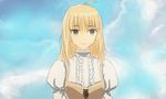  ahoge alternate_costume artoria_pendragon_(all) cloud day fate/stay_night fate_(series) green_eyes juliet_sleeves lace-up long_sleeves puffy_sleeves saber smile solo vyuxx 