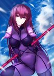  behind_back blue_sky bodysuit breasts closed_mouth cloud contrapposto covered_navel cowboy_shot day fate/grand_order fate_(series) gae_bolg large_breasts long_hair looking_at_viewer polearm purple_bodysuit purple_eyes purple_hair saisarisu scathach_(fate)_(all) scathach_(fate/grand_order) shoulder_pads skin_tight sky smile solo standing very_long_hair weapon 