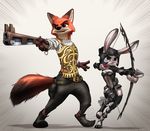  2016 absurd_res anthro armor arrow belt bow_(weapon) canine clothed clothing disney duo fangs female final_fantasy final_fantasy_xii footwear fox fully_clothed fur gun helmet hi_res holding_object holding_weapon judy_hopps lagomorph mammal mykegreywolf nick_wilde rabbit ranged_weapon square_enix video_games weapon zootopia 
