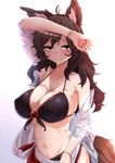  animal_ears bikini black_bikini blouse bra breasts brooch brown_hair collarbone covered_nipples front-tie_bikini front-tie_top hand_on_forehead highres imaizumi_kagerou jewelry large_breasts long_hair looking_at_viewer messy_hair navel open_blouse open_clothes red_eyes rihito_(usazukin) sarong see-through sideboob simple_background solo stomach swimsuit tail touhou underwear upper_body wavy_hair wet wet_clothes white_blouse wolf_ears wolf_tail 