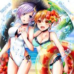  bad_id bad_pixiv_id beach bikini casual_one-piece_swimsuit chamochi fate/grand_order fate_(series) flower fujimaru_ritsuka_(female) hair_flower hair_ornament halterneck hand_on_another's_shoulder hat hibiscus highres innertube layered_bikini layered_swimsuit mash_kyrielight multiple_girls ocean one-piece_swimsuit open_mouth orange_eyes orange_hair ponytail purple_eyes purple_hair short_hair side-tie_bikini smile straw_hat swimsuit tree water 