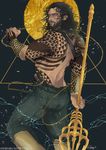  1boy aqua_man belt brown_hair chains dc_comics dccu facial_hair male_focus over_shoulder scar solo tattoo topless trident underwater vambraces weapon 