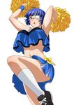  :o arms_up blonde_hair breasts cheerleader crop_top crop_top_overhang eyepatch green_eyes ikkitousen large_breasts leg_lift medical_eyepatch midriff mole mole_under_mouth navel pom_poms ryomou_shimei shoes short_hair skirt sneakers solo white_legwear wristband 