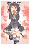  animal_ears black_hair blush cat_ears cat_tail curly_hair cyan_(show_by_rock!!) green_eyes jumping long_hair looking_at_viewer miniskirt niizuka_(c-drop) open_mouth petticoat show_by_rock!! skirt smile solo striped striped_legwear tail thighhighs zettai_ryouiki 