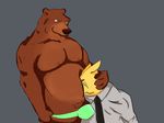  anthro bear boarball brown_fur bulge canine clothed clothing duo eyes_closed fur grey_background hi_res looking_down male male/male mammal necktie nipples overweight simple_background topless 