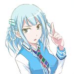 :o blue_eyes blue_hair braid collared_shirt dress_shirt hair_ornament heki_(midori) index_finger_raised long_sleeves looking_at_viewer lowres madobe_tooko necktie open_mouth os-tan plaid plaid_neckwear shirt simple_background solo upper_body white_background windows_10 wing_collar 