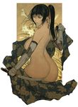  ass back black_hair breasts bridal_gauntlets elbow_gloves flower gloves highres holding holding_weapon homare_(fool's_art) huge_breasts kodachi long_hair looking_back ninja nipples non-web_source nude original ponytail short_sword simple_background solo sword weapon 