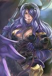  absurdres armor armored_boots artist_name axe battle_axe between_breasts black_armor boots breasts camilla_(fire_emblem_if) cleavage dragon dragon_riding fire_emblem fire_emblem_if hair_over_one_eye highres large_breasts lavender_hair lips long_hair marzia_(fire_emblem_if) parted_lips purple_eyes ryukenden sidelocks solo strap strap_cleavage teeth thigh_boots thighhighs wavy_hair weapon wyvern 