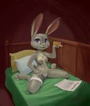  2016 anthro armpits bandage bed breasts carrot clothed clothing disney female food foot_wraps fur hi_res jewelry judy_hopps lagomorph long_ears looking_at_viewer mammal navel navel_piercing necklace nipples notdonebaking pen piercing pillow pink_nose purple_eyes pussy pussy_juice rabbit solo teeth thighband topless vegetable wraps zootopia 