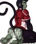  2016 abs after_sex anal anthro anus backsack balls barefoot beast_boy big_balls blackbear butt clothed clothing cum cum_in_ass cum_inside excessive_cum feet green_eyes green_hair green_skin hair hi_res humanoid_penis kneeling looking_back male mammal monkey muscular orgasm pants pecs penis primate shirt smile solo teen_titans year_of_the_money_(2016) young young_justice 