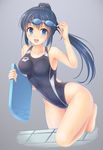  black_hair blue_eyes competition_swimsuit goggles goggles_on_head highleg highleg_swimsuit highres kickboard long_hair one-piece_swimsuit original ponytail solo swimsuit umitonakai 