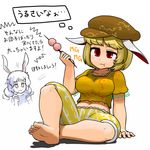  animal_ears annoyed arm_support barefoot belly blonde_hair breasts bunny_ears crop_top dango eating feet flat_cap floppy_ears food hat medium_breasts mg_mg multiple_girls navel ninniku_(ninnniku105) red_eyes ringo_(touhou) scolding seiran_(touhou) shirt short_hair sitting soles toes touhou translated wagashi 