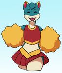  anthro blue_fur cheerleader clothed clothing crop_top crossdressing ethriol eyes_closed fur male multicolored_fur nintendo open_mouth pok&eacute;mon pom_poms quilava shirt simple_background skirt solo spectrepaw tan_fur two_tone_fur video_games 