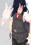  alternate_costume bike_shorts black_hair blush breasts buttons commentary cosplay eyes_visible_through_hair gloves gradient_hair hair_over_one_eye hair_ribbon hayashimo_(kantai_collection) kantai_collection long_hair looking_down multicolored_hair neck_ribbon pleated_skirt purple_eyes red_neckwear red_ribbon ribbon ru2n131 school_uniform shiranui_(kantai_collection) shiranui_(kantai_collection)_(cosplay) shirt short_sleeves skirt small_breasts smile solo sweatdrop very_long_hair vest white_gloves zoom_layer 