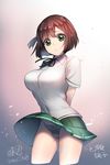  2016 arms_behind_back bangs black_neckwear black_ribbon blouse bob_cut breasts bursting_breasts buttons character_name collared_shirt cropped_legs dated dress_shirt eyebrows eyebrows_visible_through_hair gradient gradient_background green_eyes green_panties green_skirt ichinose_touko large_breasts light_particles looking_at_viewer miniskirt neck_ribbon one_side_up panties petals pleated_skirt pout ribbon shade shiny shiny_skin shirt short_hair short_sleeves signature skirt skirt_lift solo soul_(tamashii) string_panties taboo_tattoo underwear upskirt wardrobe_malfunction white_shirt wind wind_lift 