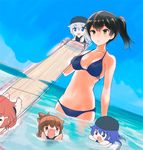  akatsuki_(kantai_collection) alternate_costume bikini black_hair blue_bikini blue_eyes blue_hair brown_hair chibi commentary_request day flat_cap flight_deck hair_ornament hairclip hat hibiki_(kantai_collection) ikazuchi_(kantai_collection) inazuma_(kantai_collection) kaga_(kantai_collection) kantai_collection kotanu_(kotanukiya) long_hair multiple_girls open_mouth partially_submerged side_ponytail swimsuit water wavy_mouth white_hair work_in_progress younger 