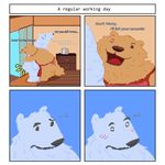  anthro apron bear biped blush boarball bola_(boarball) border building clothing comic confusion crying digital_media_(artwork) duo flat_colors fur grizzly_bear house hug male mammal onomatopoeia open_mouth pain pixel_(artwork) polar_bear simple_background sound_effects tears text what 